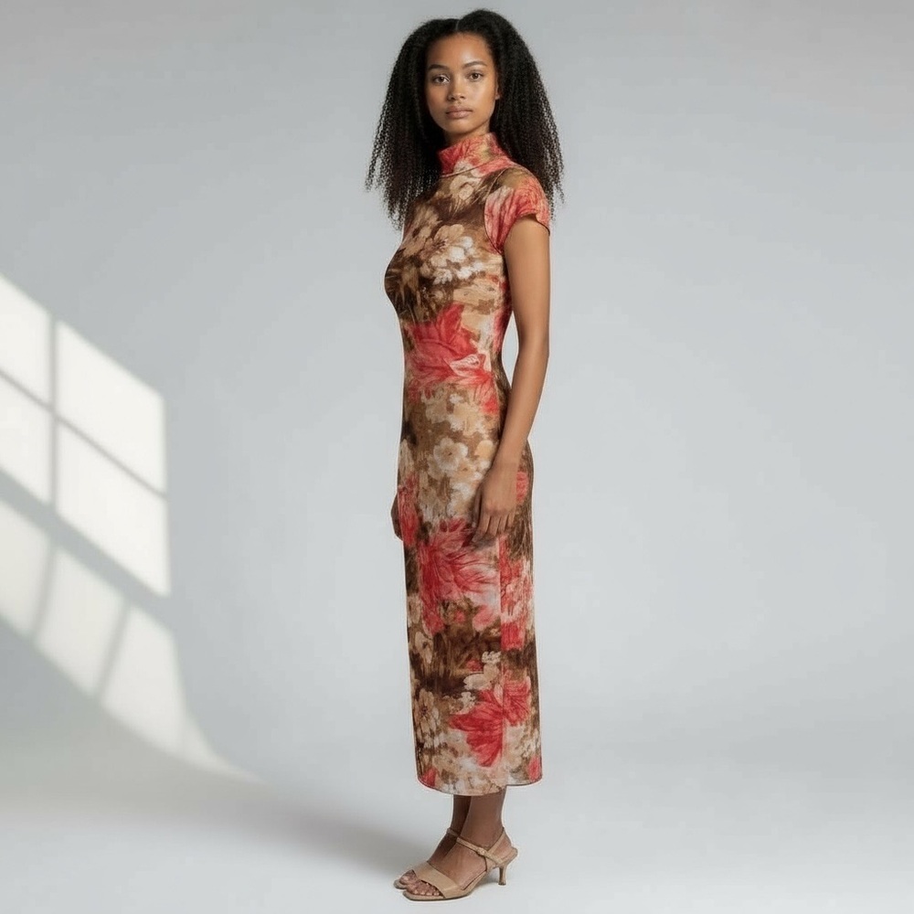 Vintage MOA MOA Floral Print Women's Midi Semi-Sheer Dress